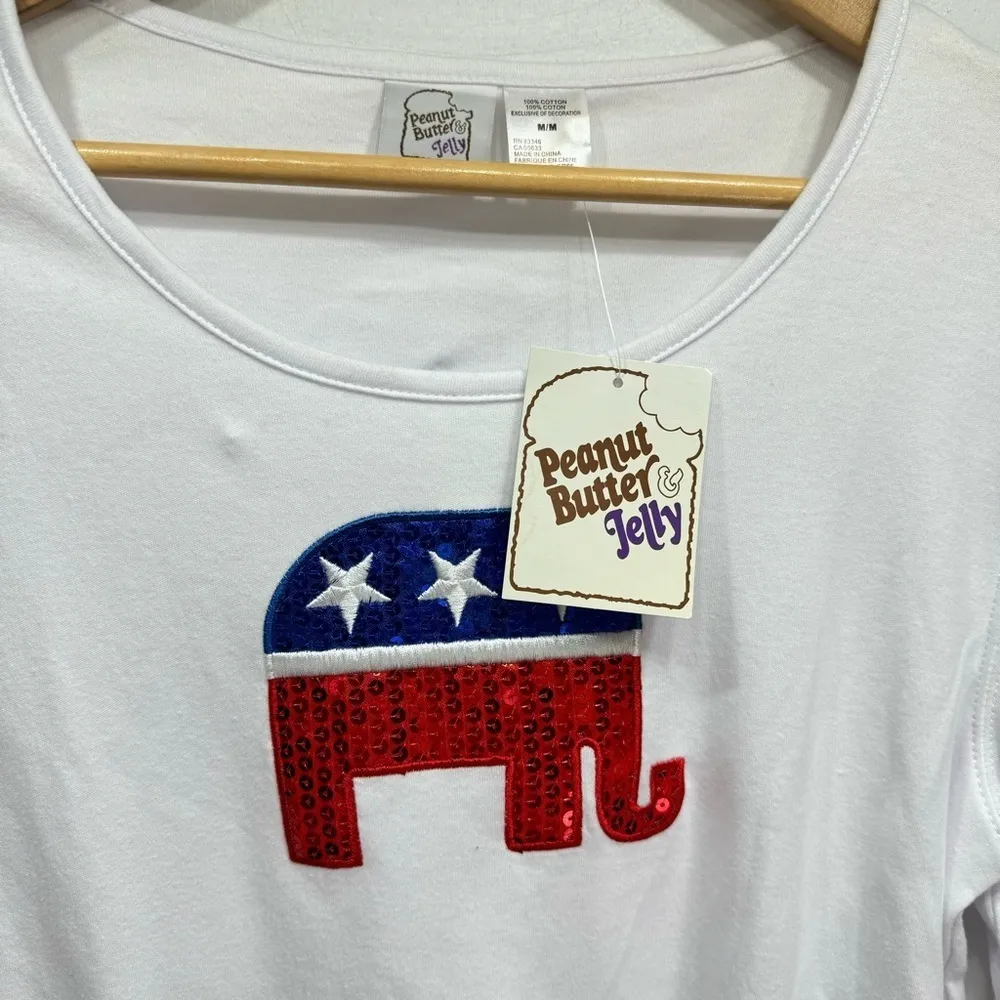 Sequined GOP Elephant White 3/4 Sleeve Cotton Top by Peanut Butter & Jelly Size L - Image 4