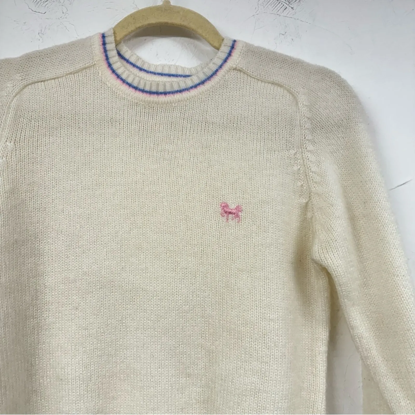 Vintage Cream Crew Neck Sweater Pink & Blue Trim Girl Core Womens M Unicorn - Image 2