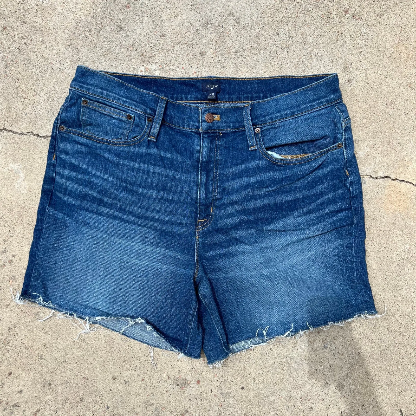 J. Crew Dark Wash Raw Hem Fold Over High Rise Denim Shorts Size 33 - Image 13