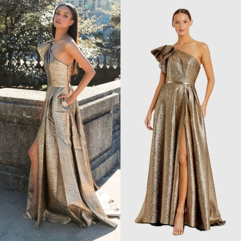 NWT Mac Duggal 68608 Gold One Shoulder Metallic Ballgown Size 6 - Image 2