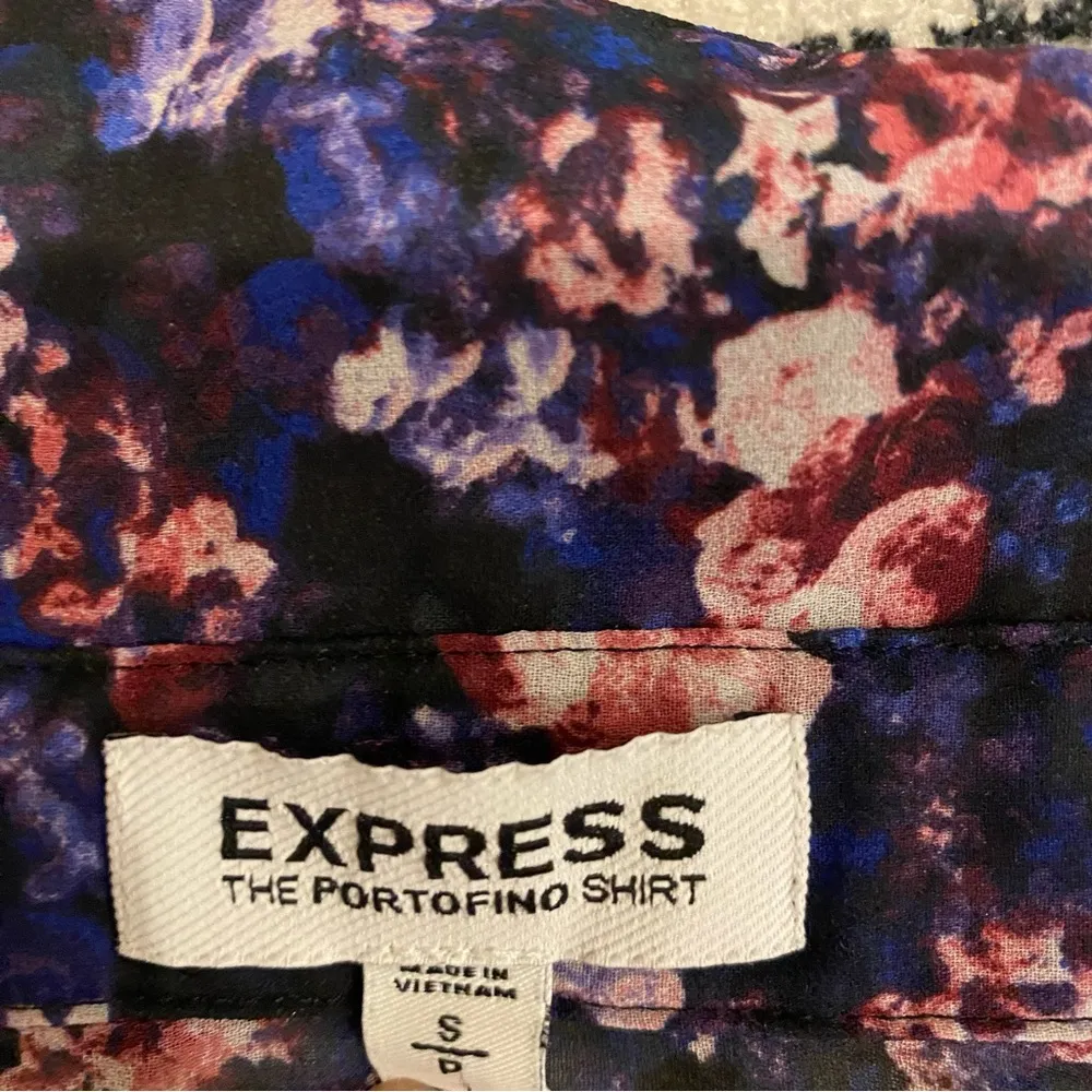 Express Sheer Floral Print Portofino Shirt Blue Pink Purple Small - Image 4