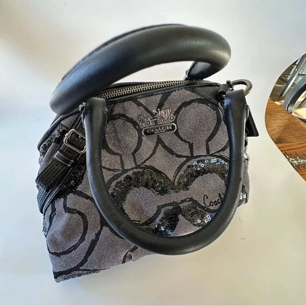 Coach Madison Signature Sequins Poppy Sophia Satchel Bag Black Canvas & Leather - Image 6