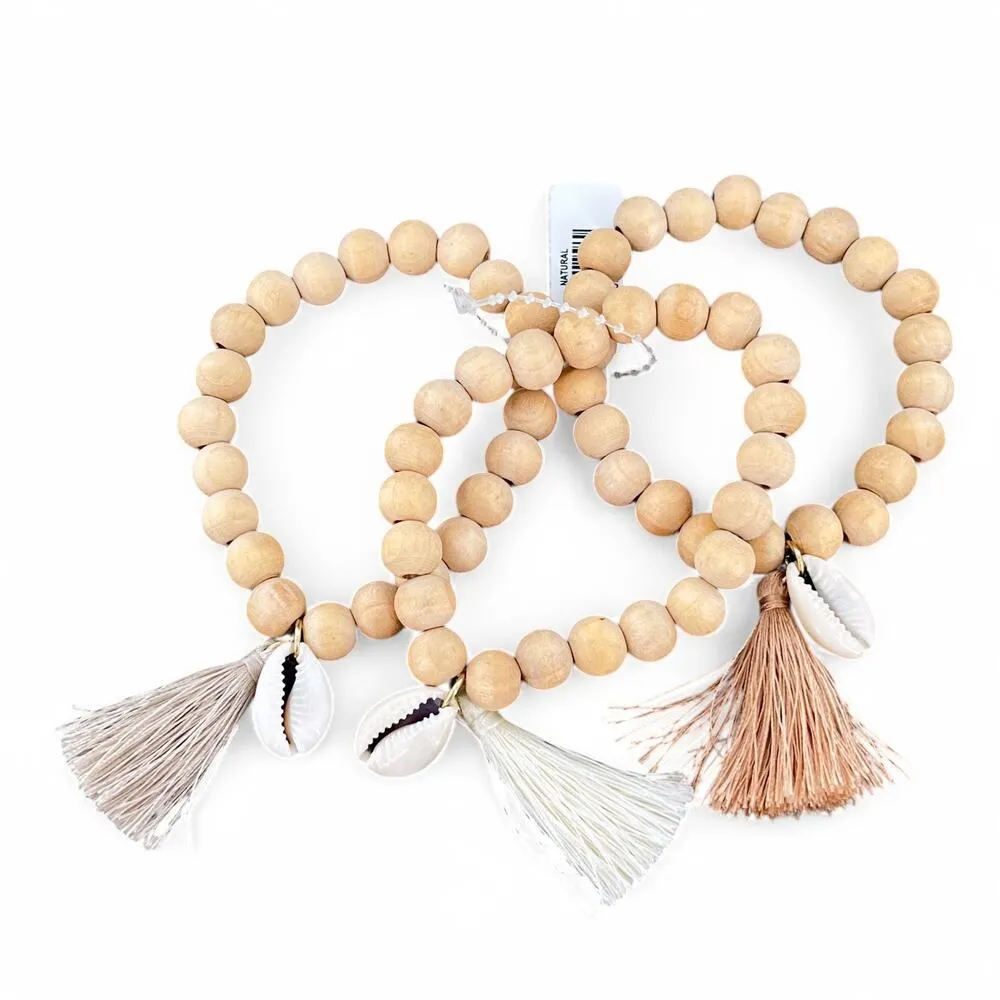 Wooden Bead Stretch Bracelet Cowrie Shell and Tassel Boho Lot of 3 - Image 2