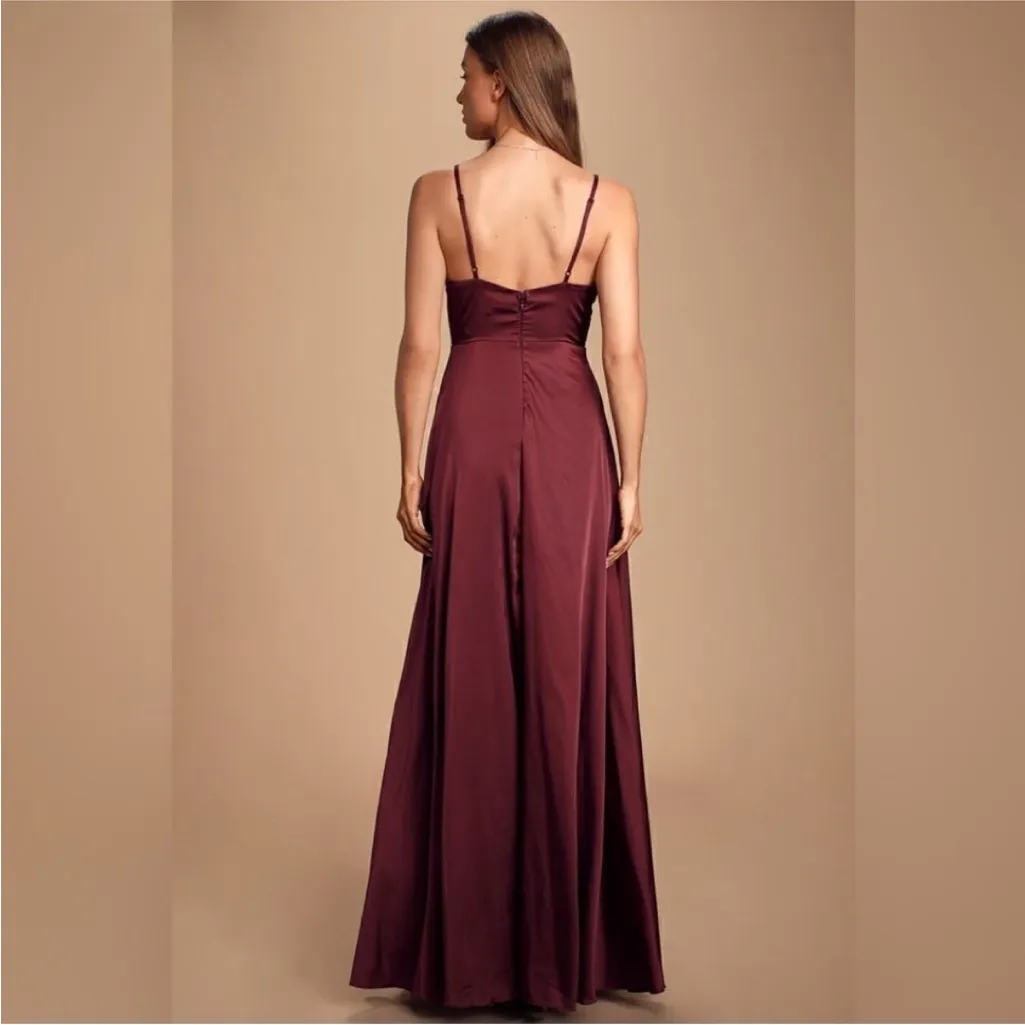 Lulus Ode To Love Burgundy Satin Maxi Dress Slit Formal Bridesmaid Small NWT - Image 6