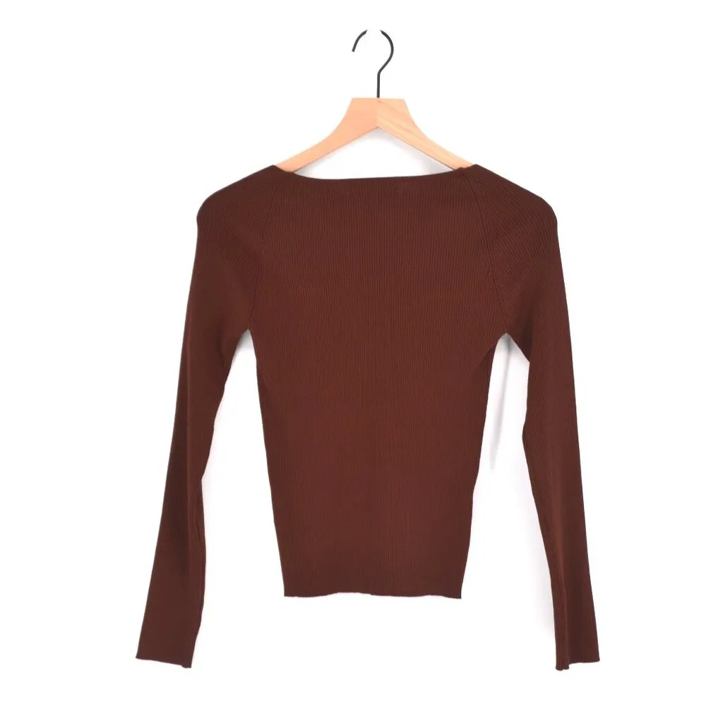Mango MNG Sweetheart Neck Sweater Ribbed Knit Jumper in Brown Women's S - Image 5