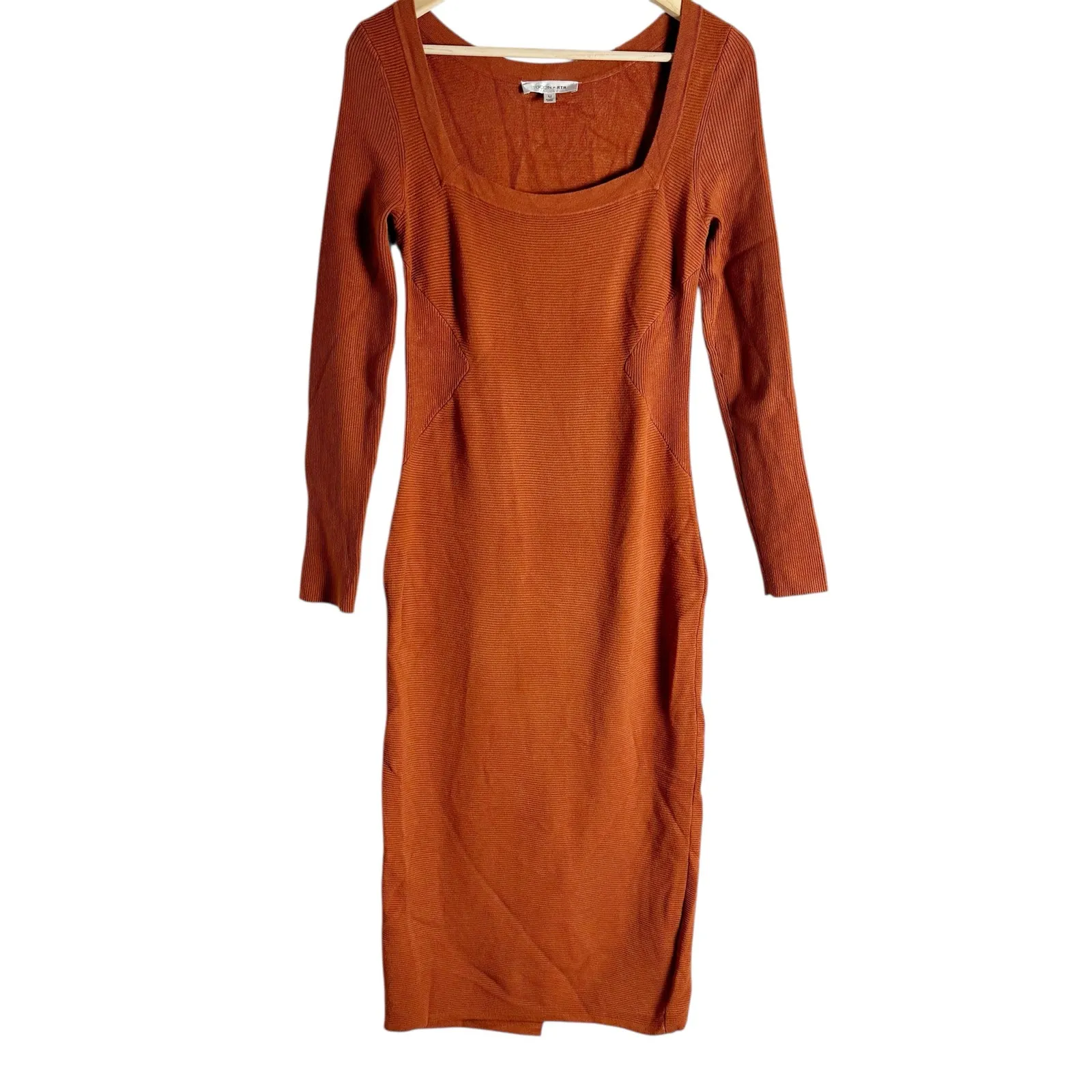 Toccin Rust Brown Sweater Knit Long Sleeve Square Neck Midi Dress Size Medium - Image 5