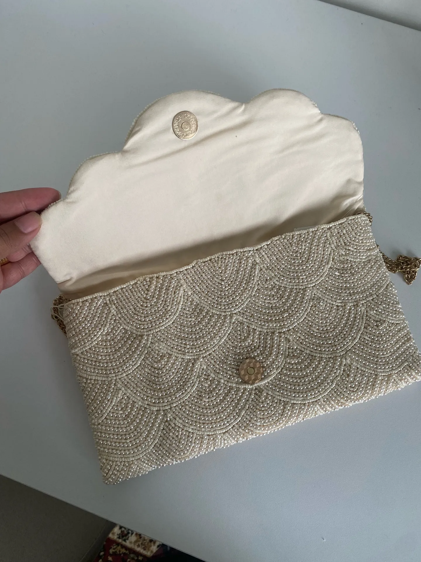 NWT Antik Kraft Hand Made Scallop Cut Beaded Clutch Crossbody Cream  Bag  - Image 8