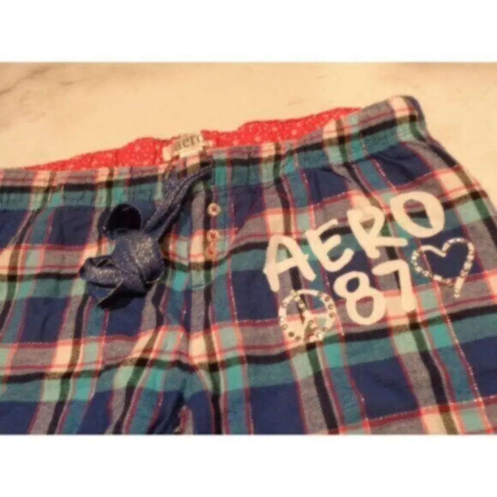 NWOT AERO women's XXS blue/black/pink/white sparkle Plaid pants MSRP $49.99 - Image 4