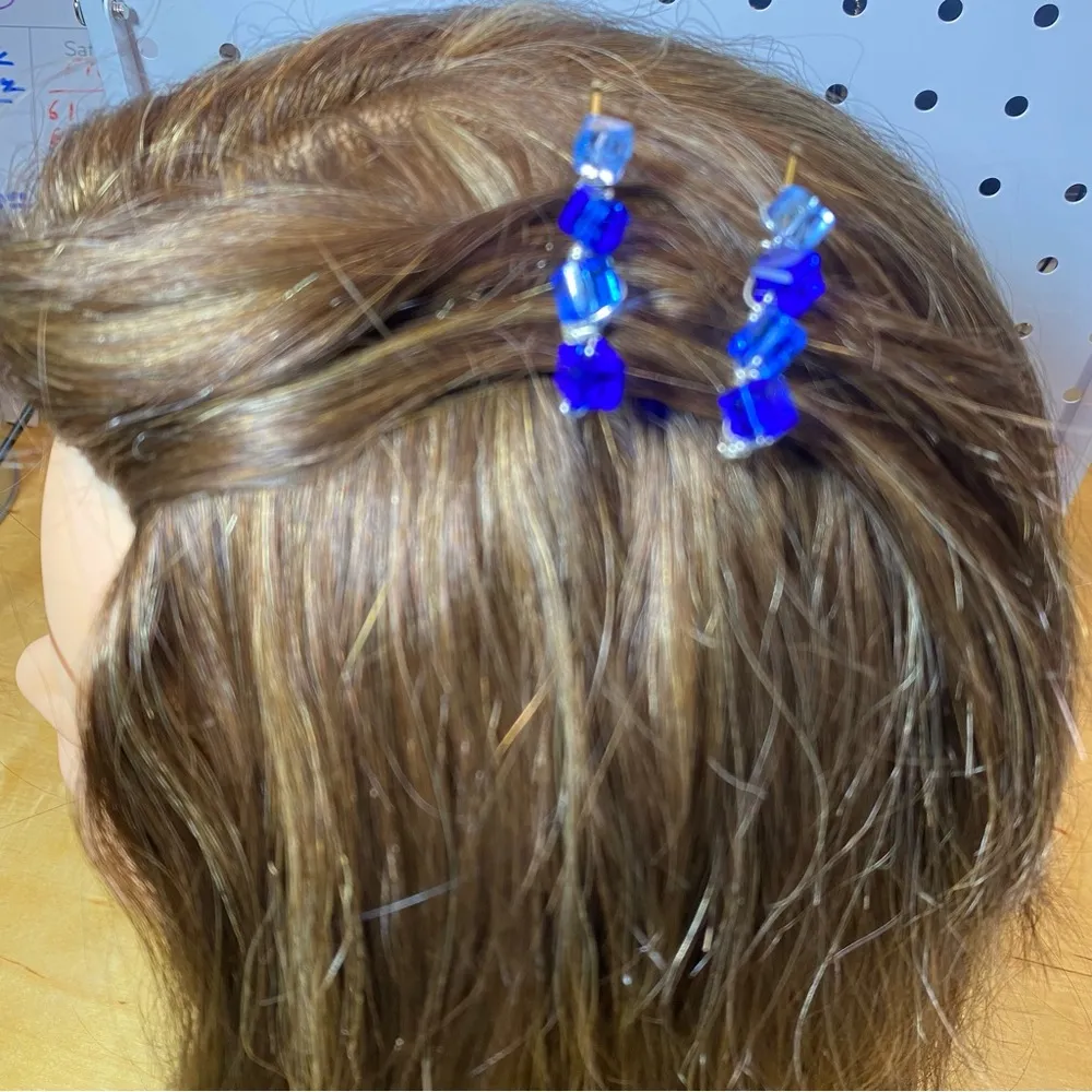 Dark & Light Blue Cube Beaded Bobby Pins White - Image 3