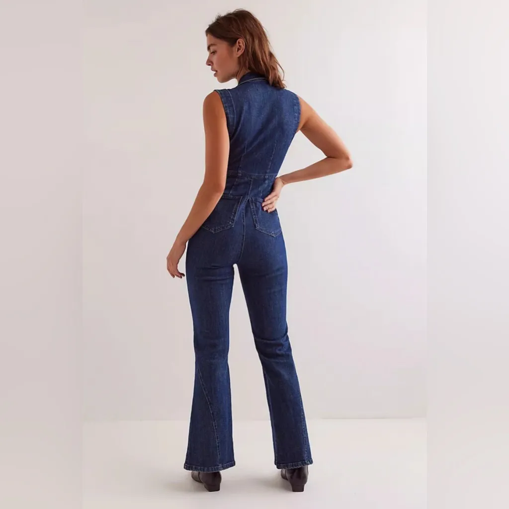 Free People CRVY Ring The Alarm Denim Jumpsuit.  XS - Image 4