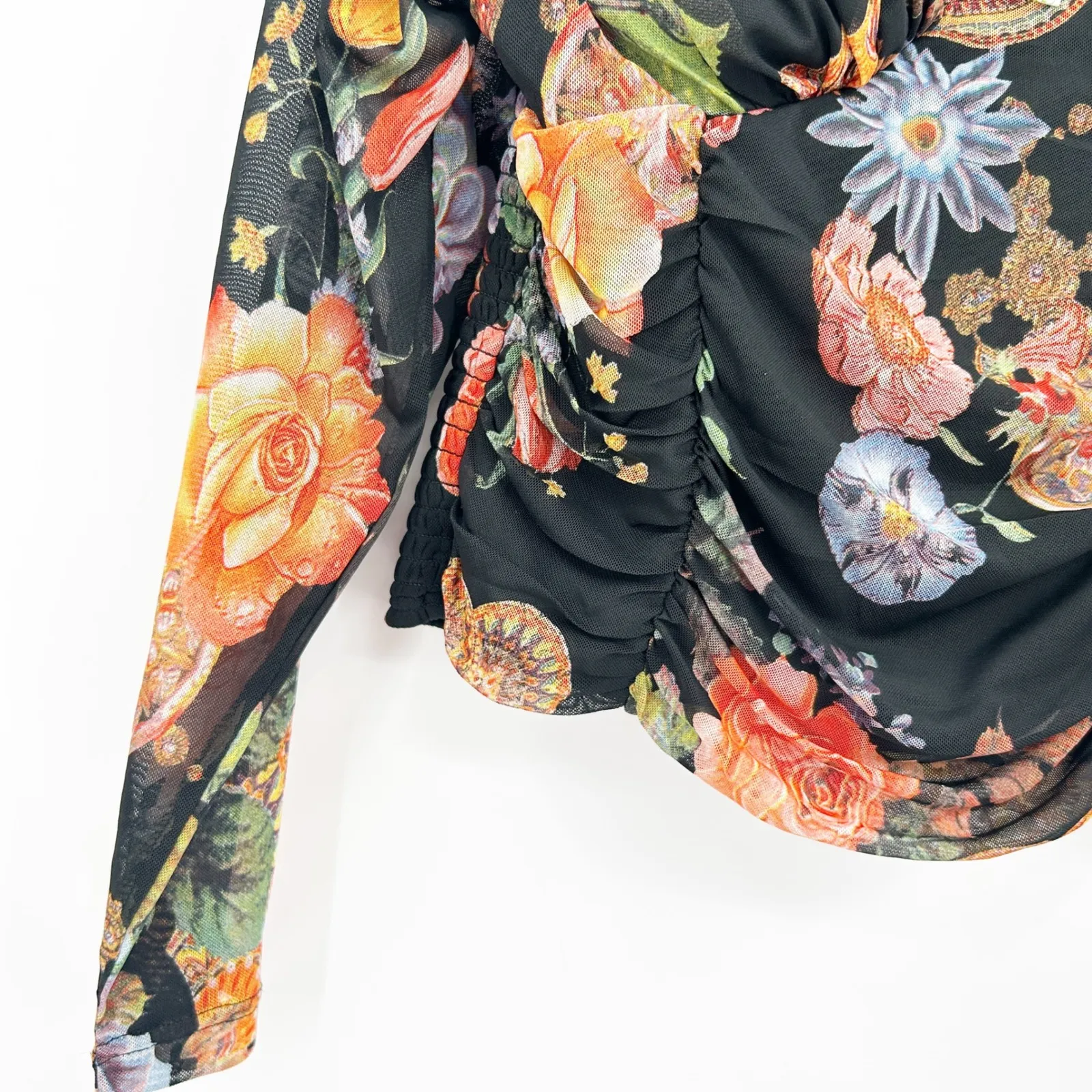 B+Vestry Floral Print‎ Ruched Long Sleeve Mesh Going Out Bustier Blouse Size L Black Size L - Image 6