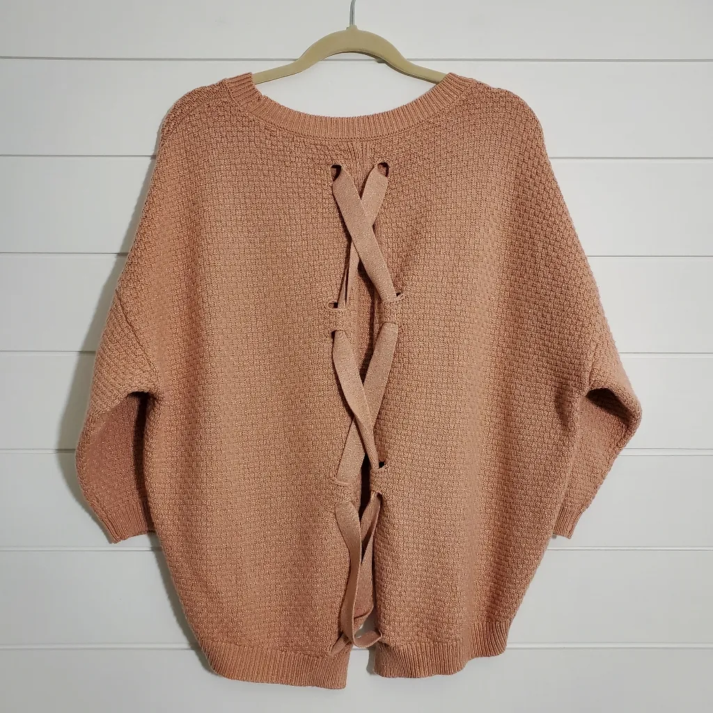 New York & Company Lace up Crew neck Relaxed Open Back Sweater Size M Pink Size M - Image 3