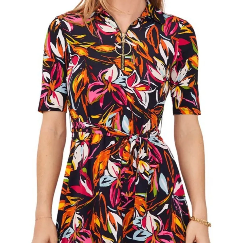 MSK Floral Midi Dress Womens M Collared Multicolor Front Zip Short Sleeve Jersey Blue Size M - Image 12