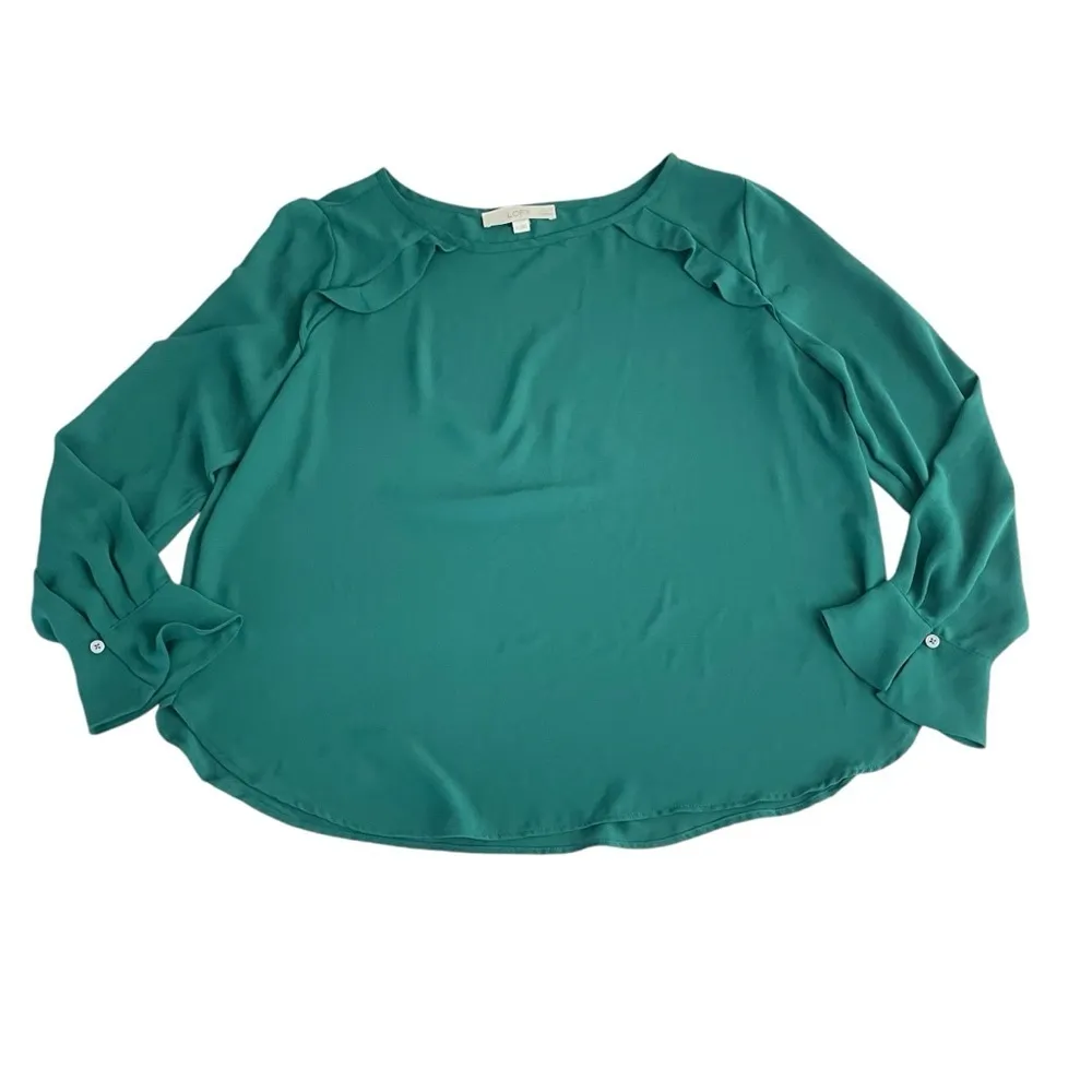 Loft Career Blouse Green Feminine Detail Ruffle Long Sleeve Pullover LP - Image 10