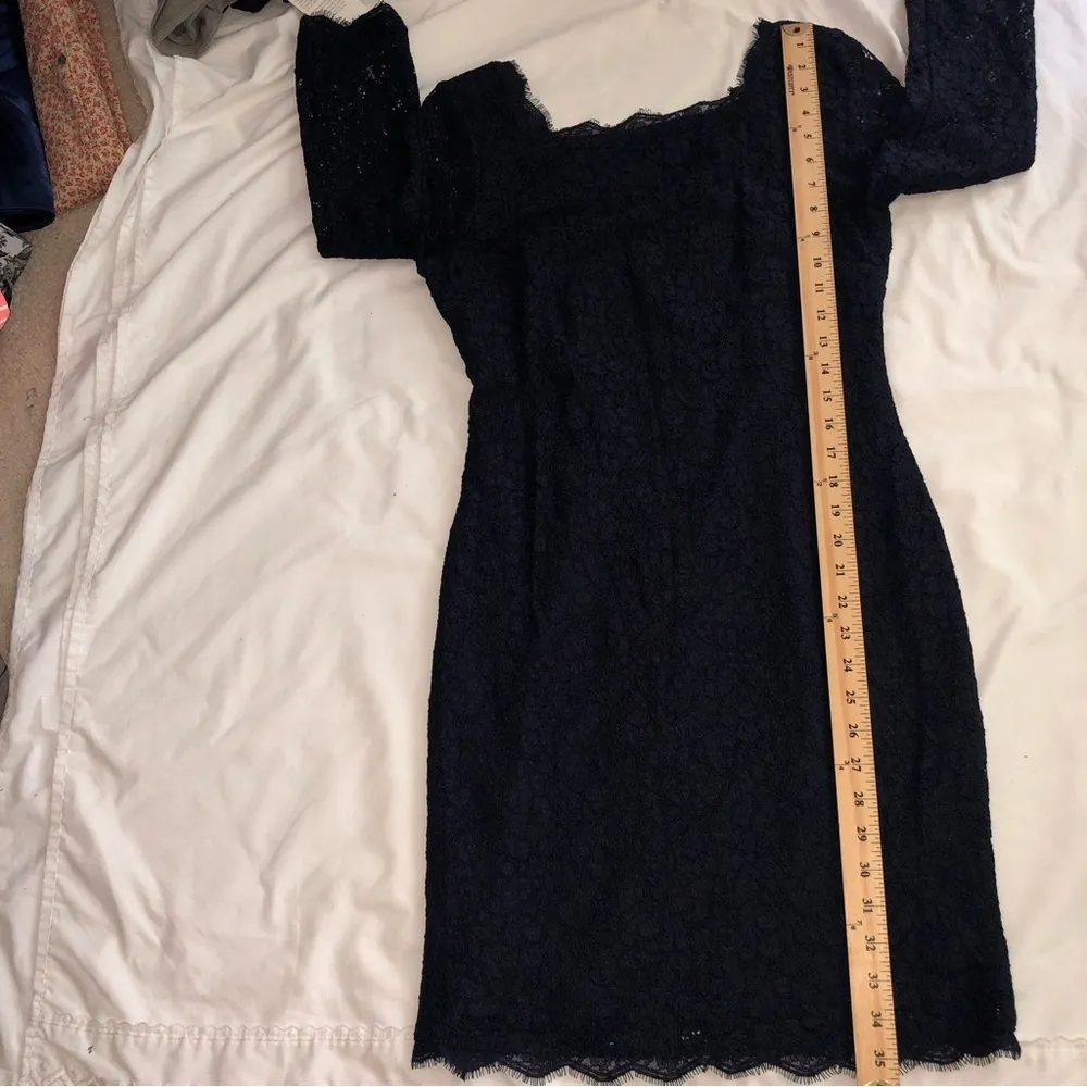 Adrianna Papell Navy Blue Lace Sheath Dress Size 8 Exposed Zipper Stretch - Image 11