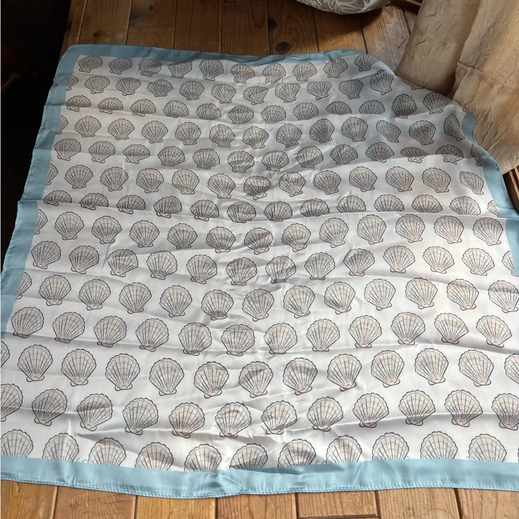 Seashell Patterned Silky Scarf with Blue Trim - Image 3