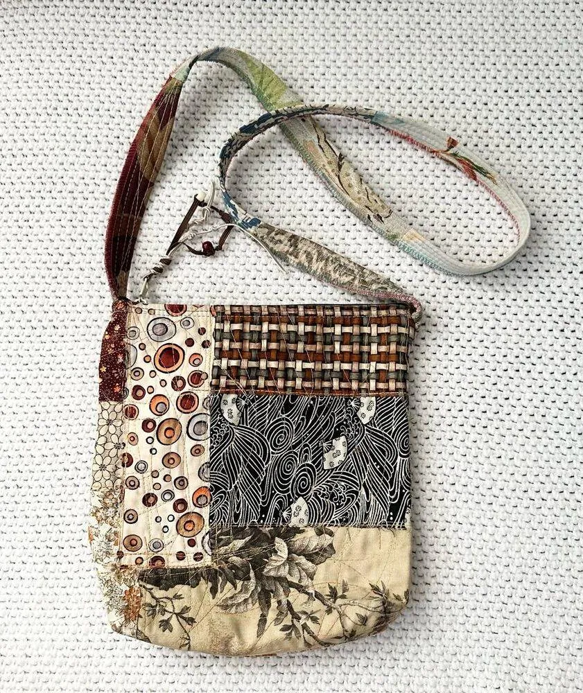 Northern Brights Morphology Mixed Media Patchwork Top Zip Fabric Crossbody Bag - Image 9