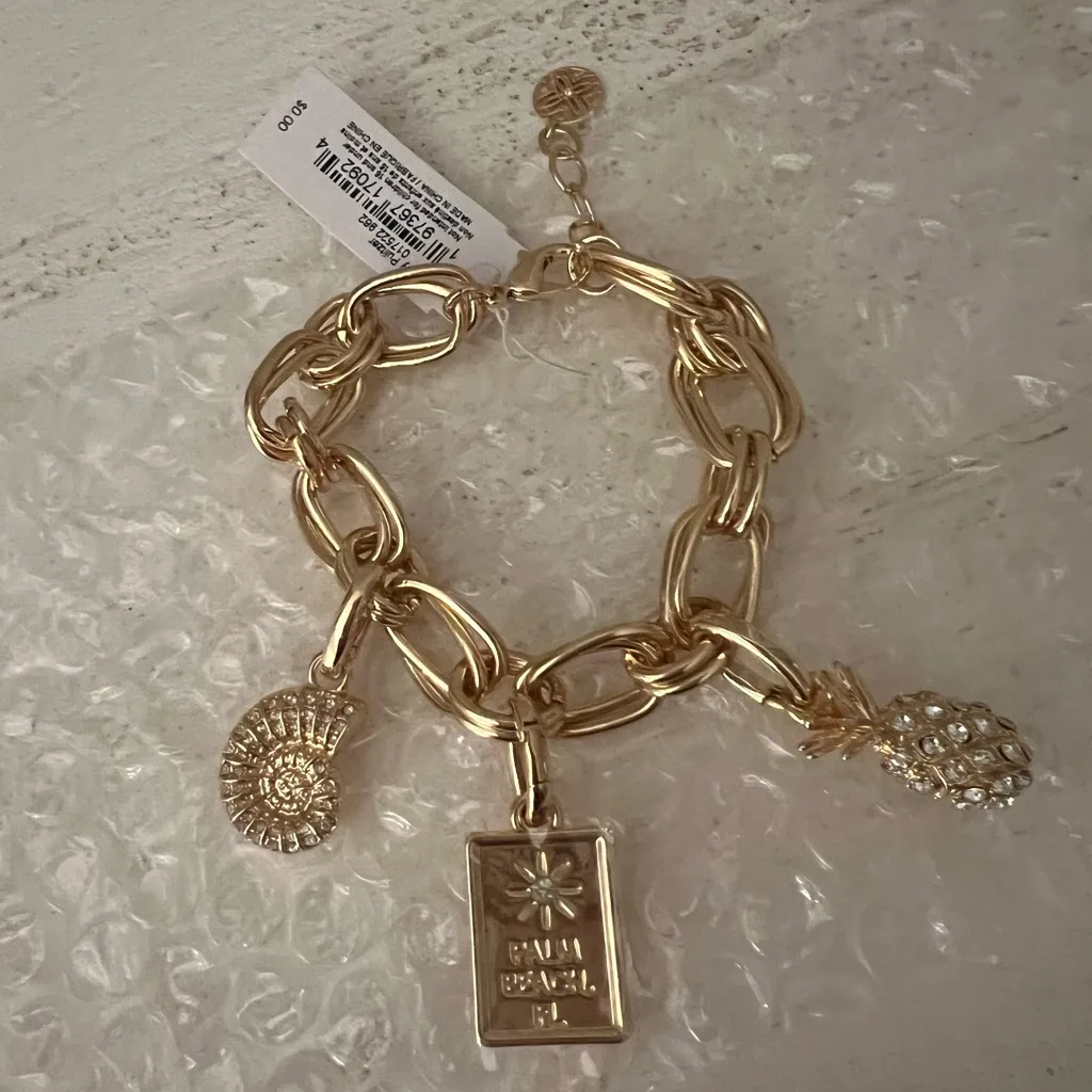 Lilly Pulitzer GWP gold rhinestone Palm Beach, Shell, pineapple charm bracelet - Image 2
