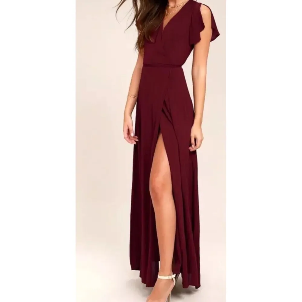 LULUS Heart Of Marigold Burgundy Wrap Maxi Dress Short‎ Sleeve Size XL Maroon Red - Image 3