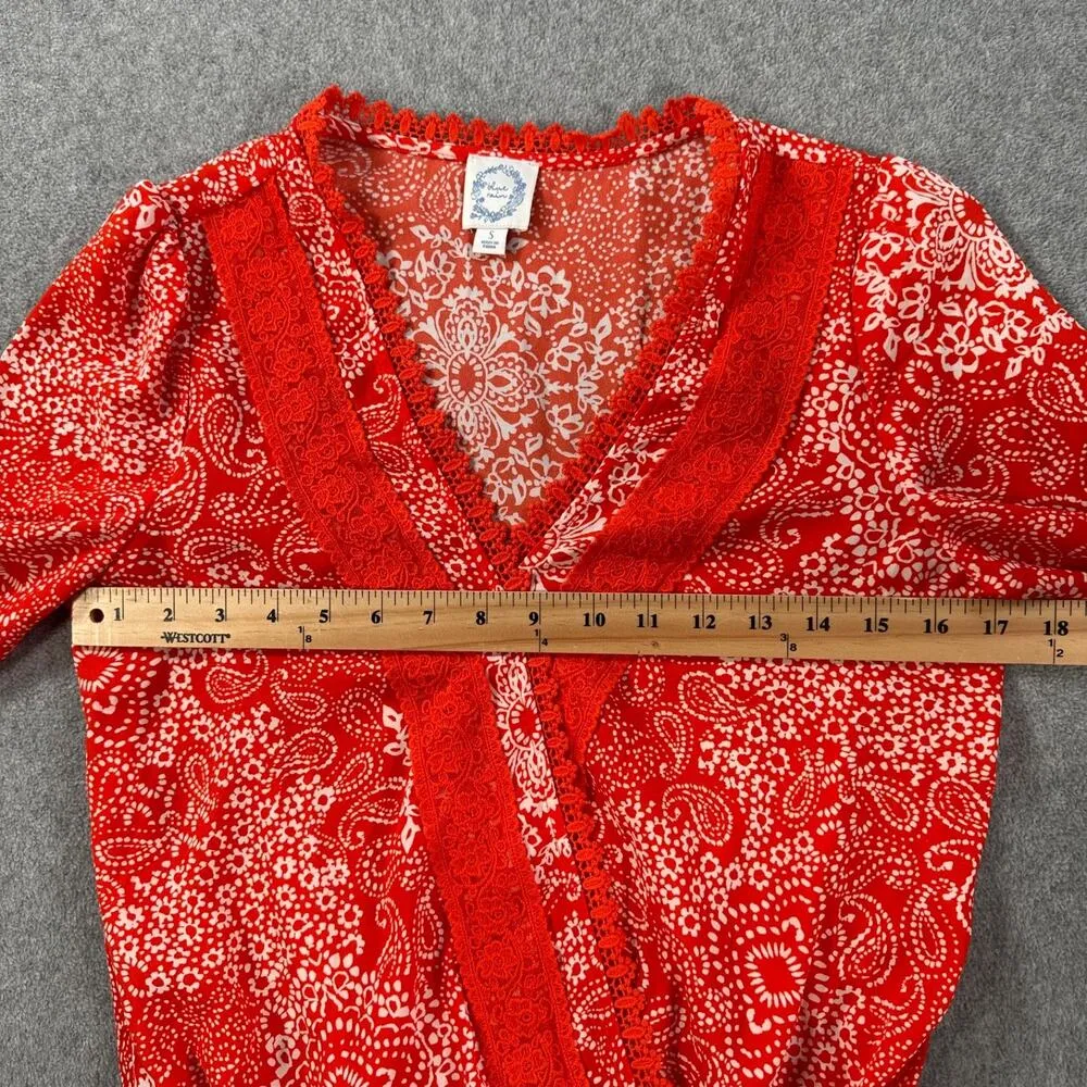 Blue Rain Faux Wrap Top Women's Small Red Paisley Lace Trim V-Neck 3/4 Sleeve - Image 4