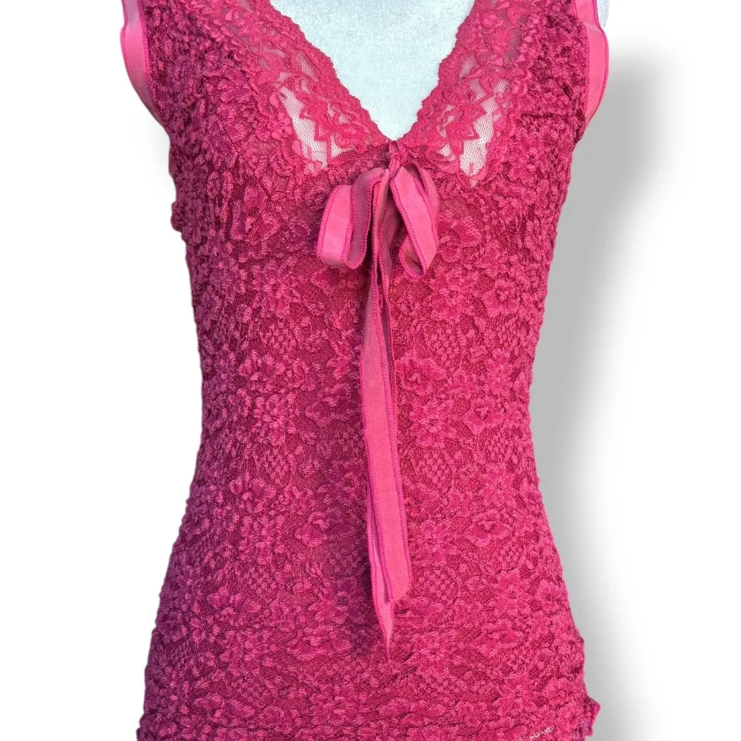 Vintage Y2K Ann Ferriday Burgundy Lace Mesh Top Small Romantic Ribbon Bow Sheer Red - Image 8