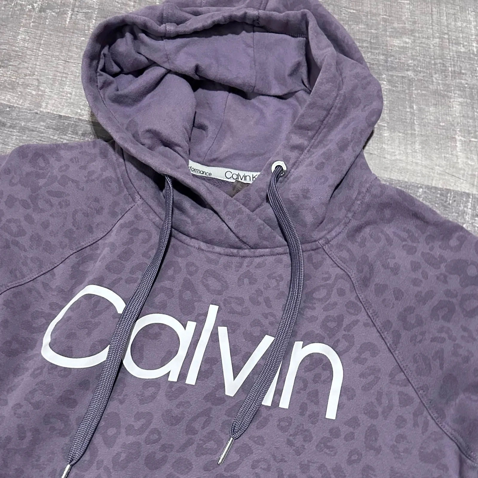 Calvin Klein Crossover Neck Hoodie Sweatshirt Womens S Purple Leopard Print - Image 2