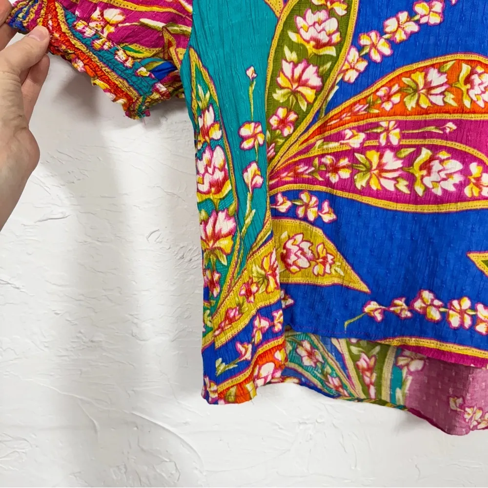 Haute Hippie Pink Blue Tropical Floral Print Blouse Womens XL Beachy Vacation - Image 4