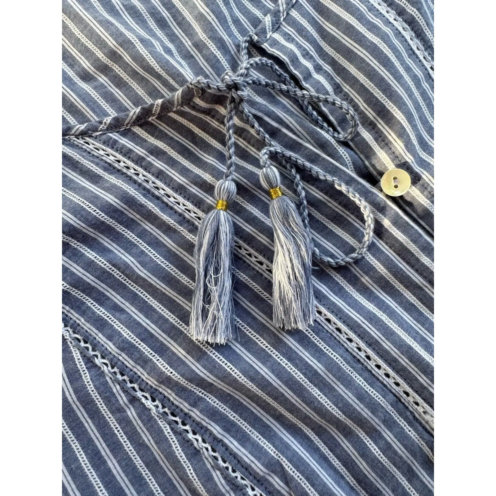 J. Jill Blouse Women’s M Blue Stripe Button Up Balloon Sleeve Top Tassel Cotton Size M - Image 8