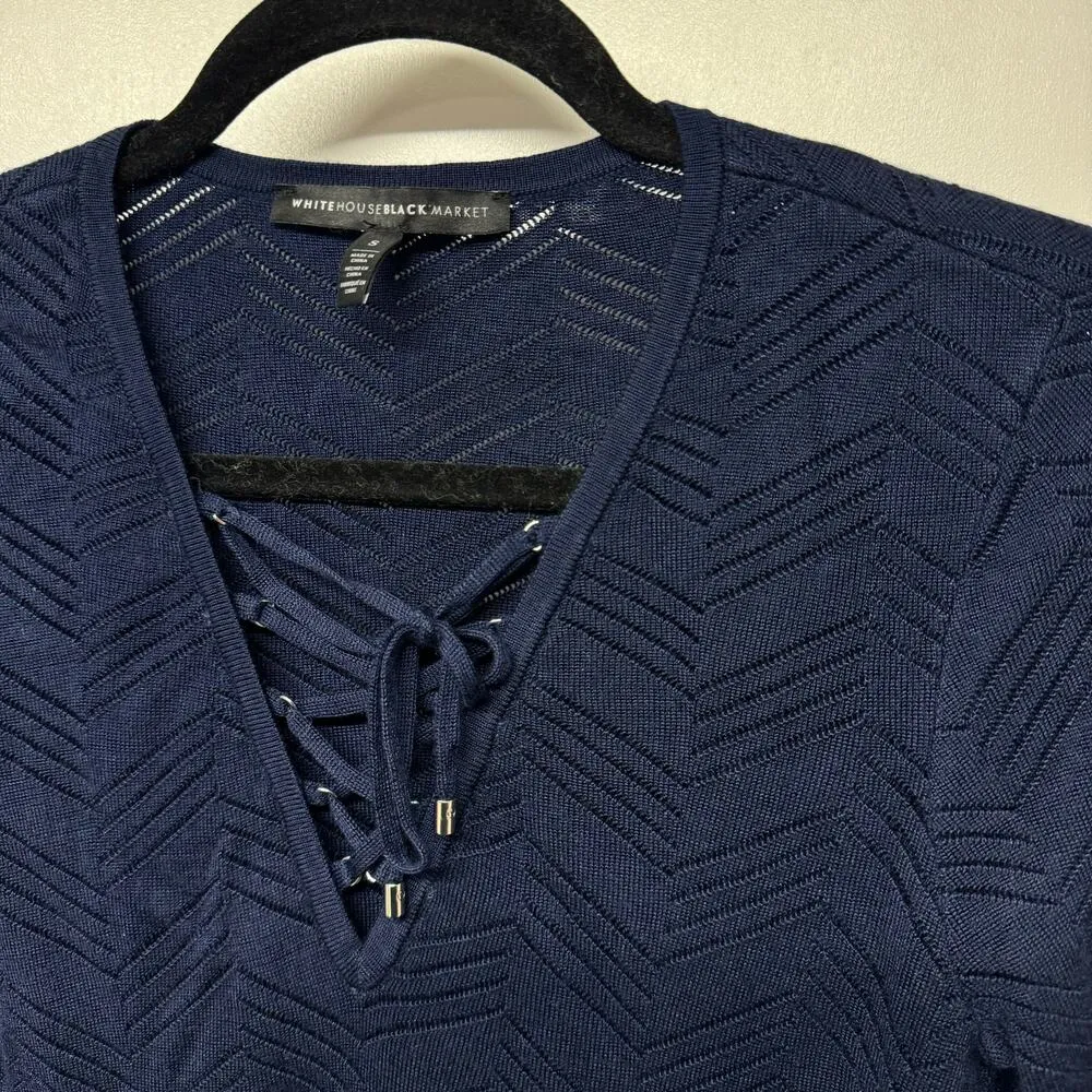 White House Black Market Navy Blue Scallop Hem Long Sleeve Top Lace Up Small - Image 4