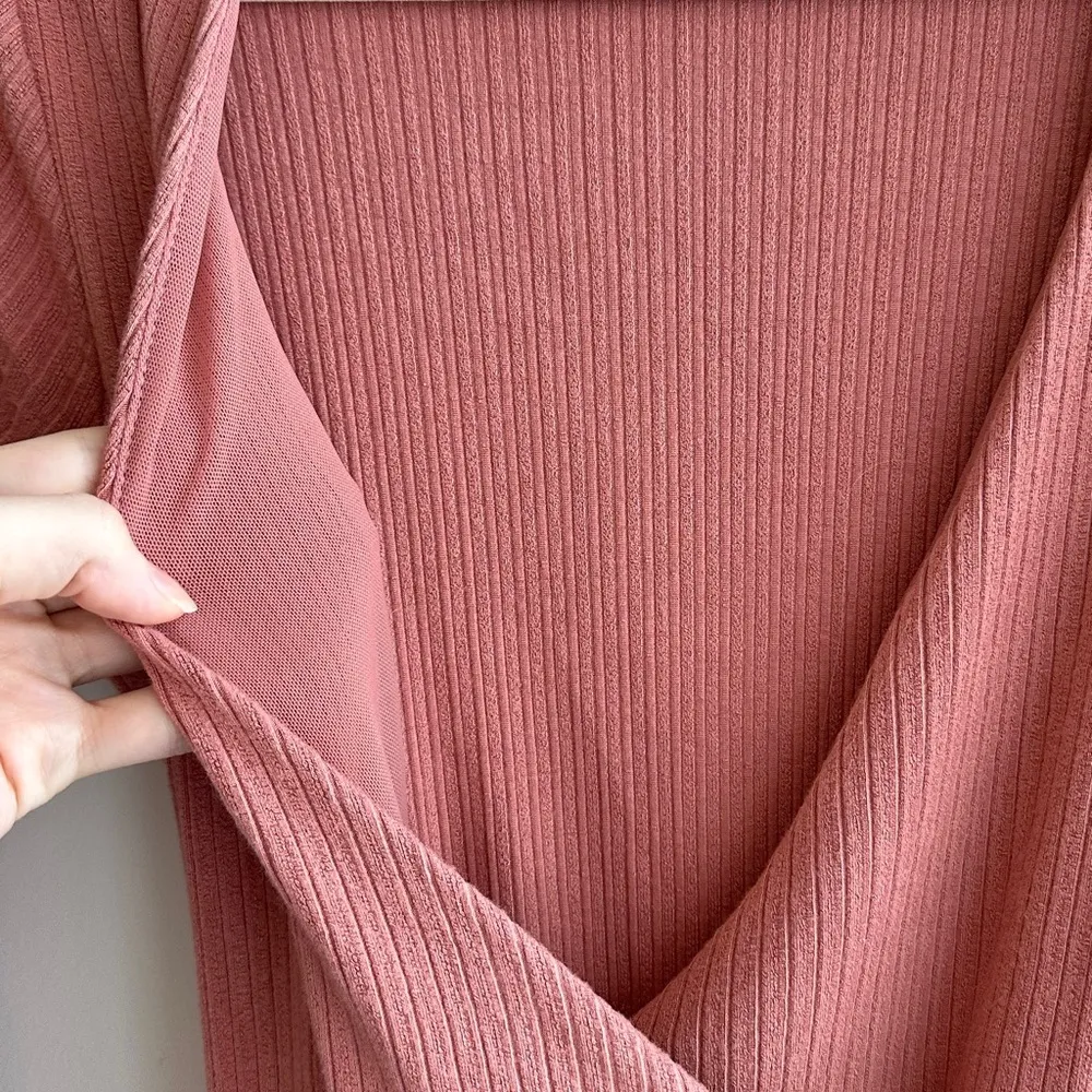 Urban Outfitters Ribbed Wrap Long Sleeve Dress, Dusty Rose, Size Medium - Image 10