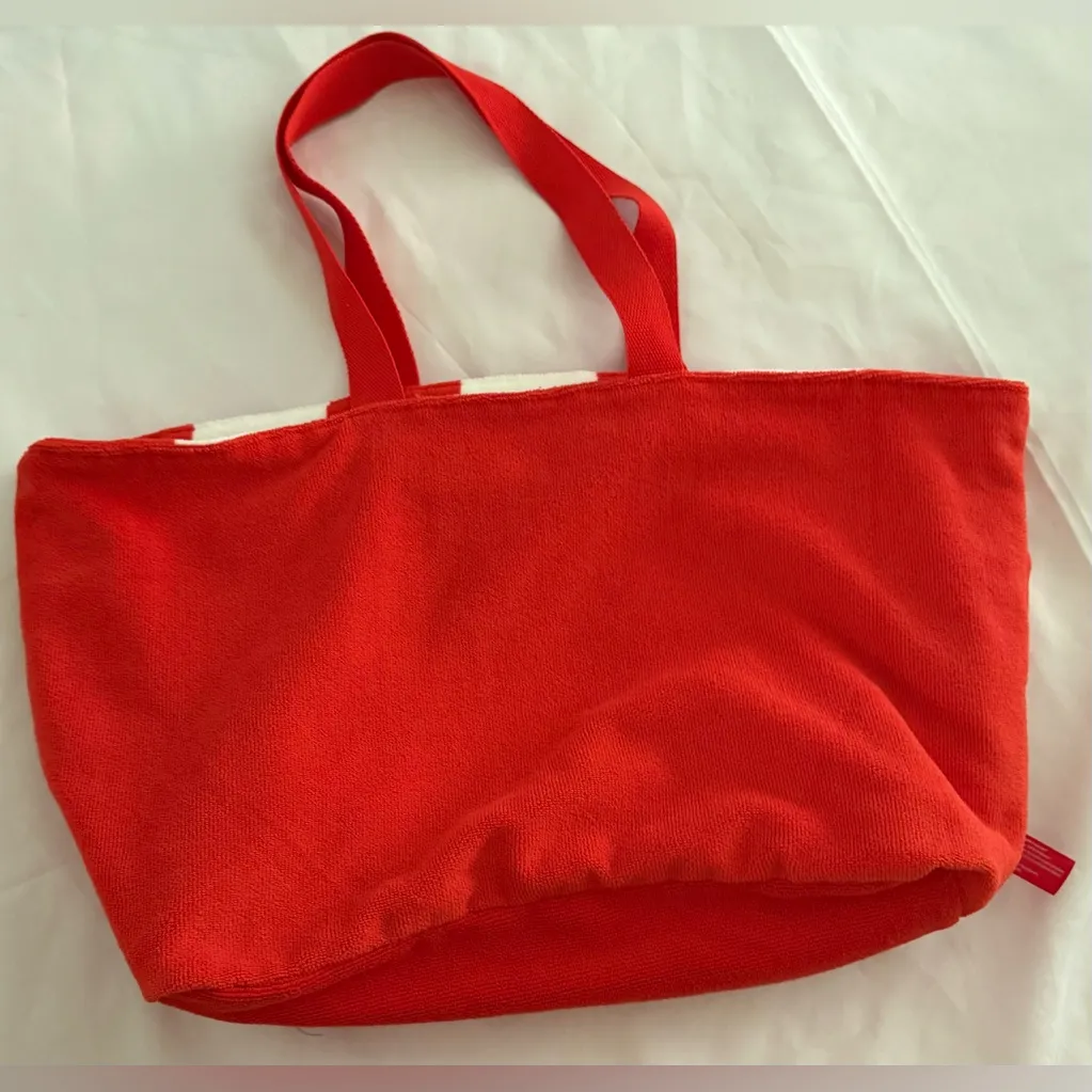 Lancome Beach Towel Tote Bag Red/Orange White Large Striped Overnight Bag Red - Image 11