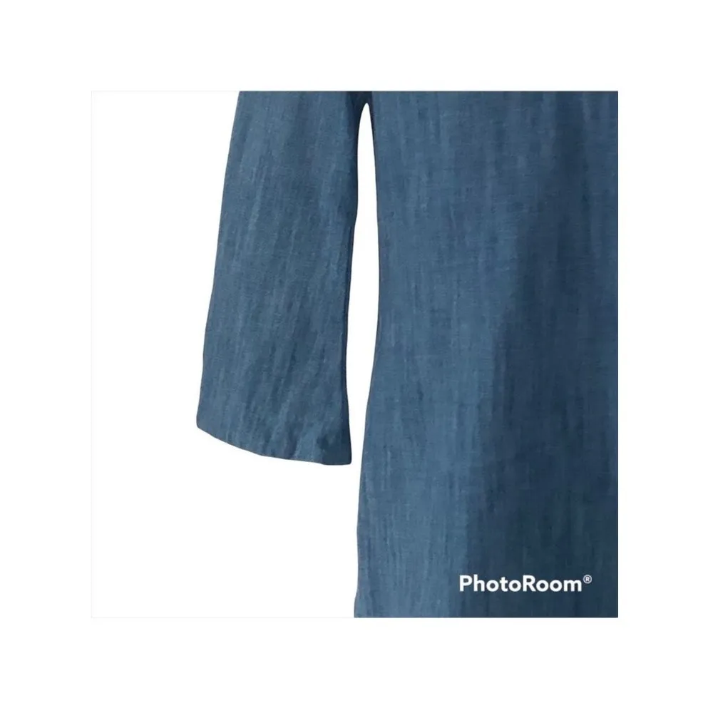 Zara 70s Chambray Bell Sleeve Tunic Dress Medium U-Neck Shirt Dress - Image 7