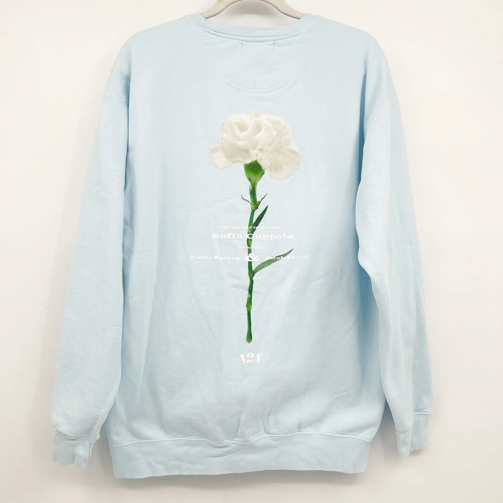 A24 Priscilla Movie Sweatshirt Light Blue Embroidered Script Logo Crewneck Large - Image 7