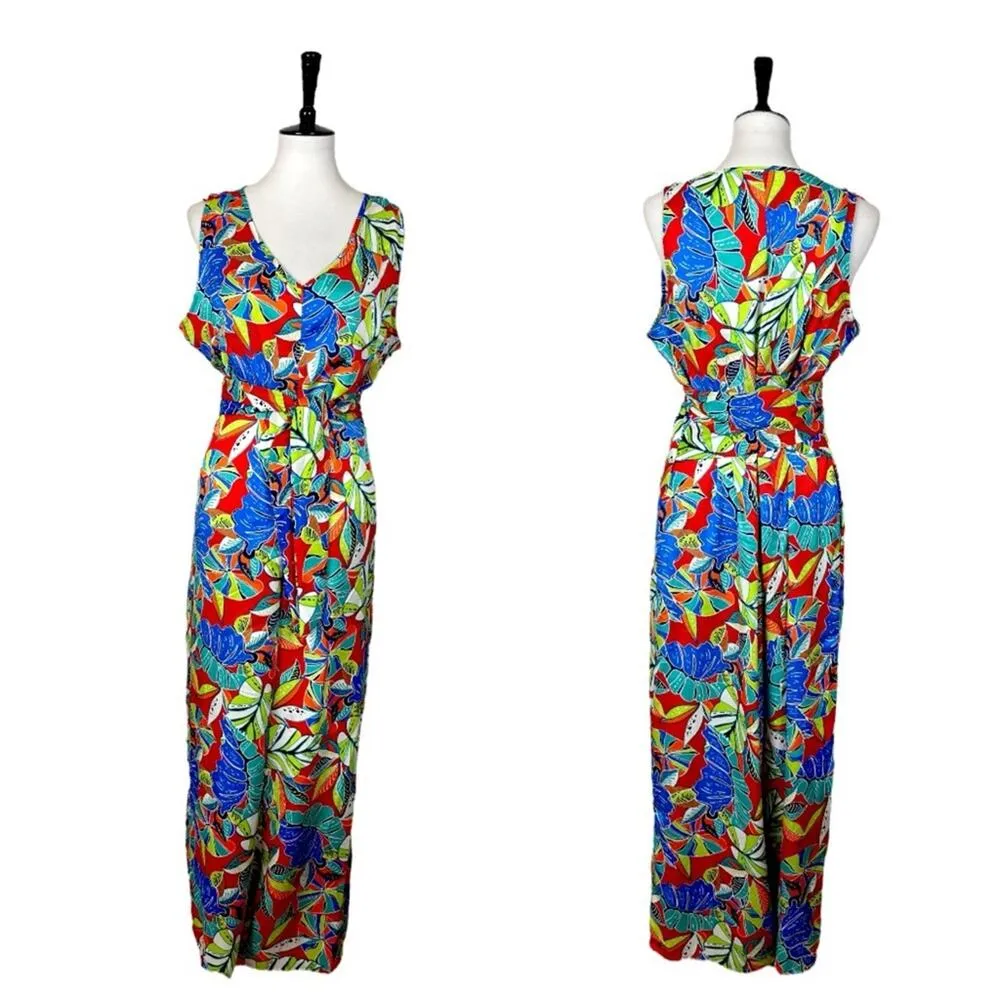Nicole Miller Jumpsuit Wide Leg Belted V-neck  Red Blue Multi Women’s Size XL - Image 10