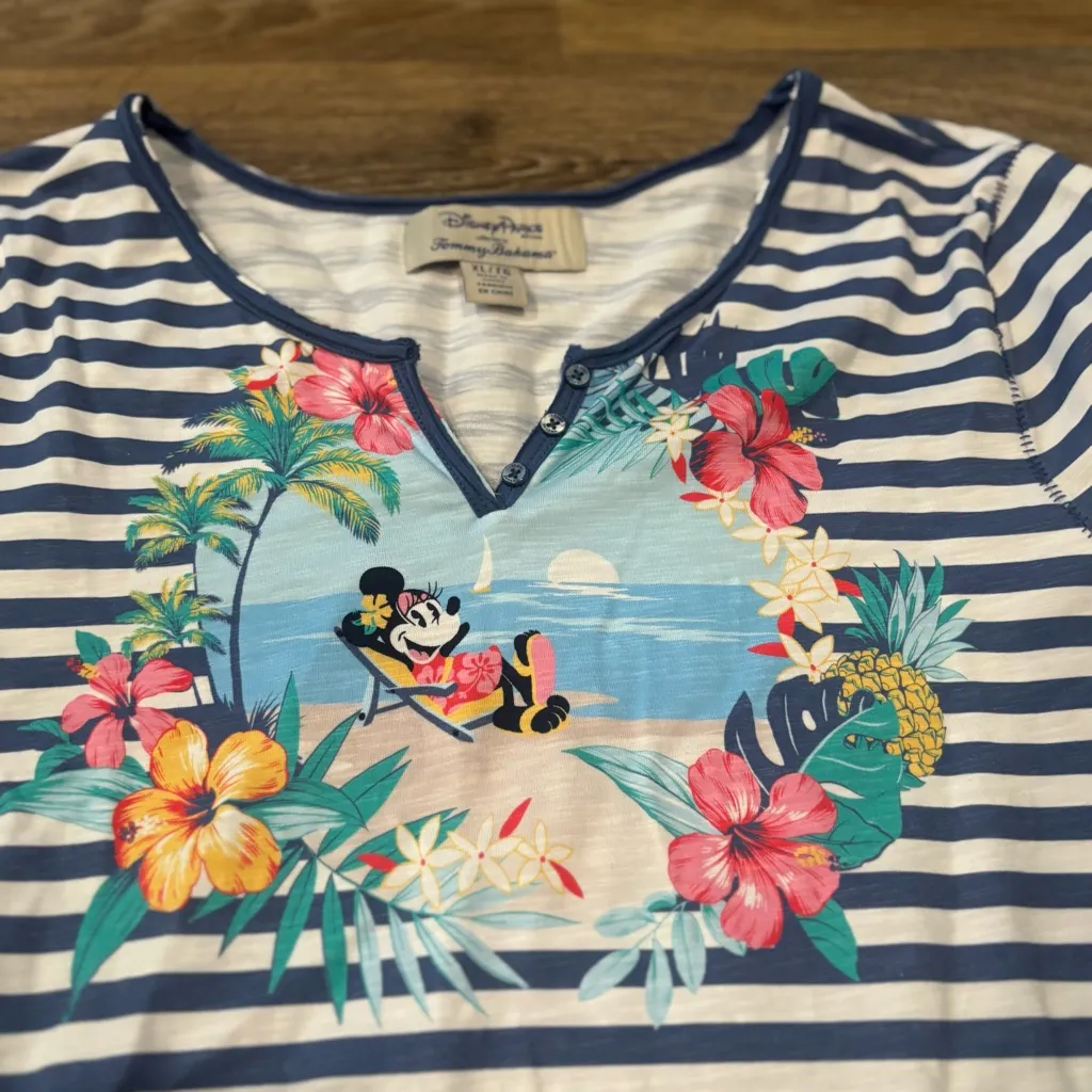 Tommy Bahama Disney Parks Minnie Mouse Blue White Striped V-Neck 3/4 Sleeve Top - Image 3