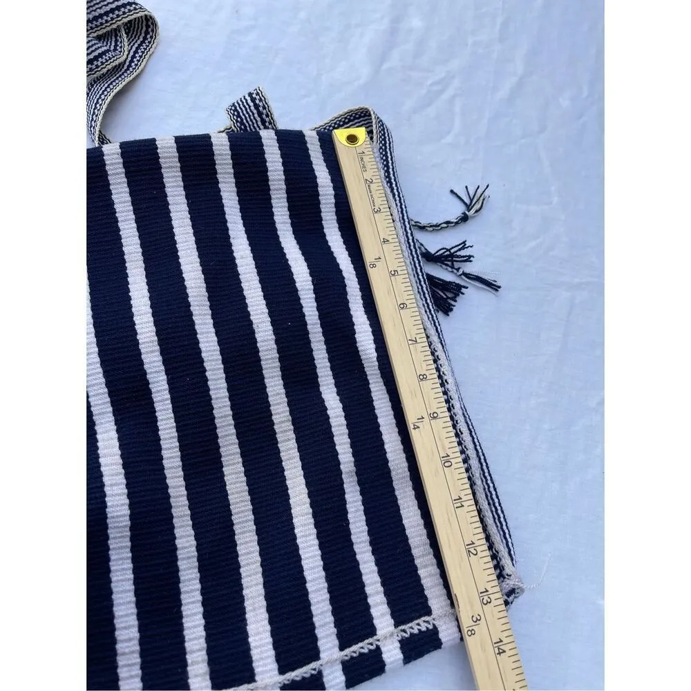 Bohemian woven cotton blend crossbody bag fringe, tie front front. Blue - Image 5