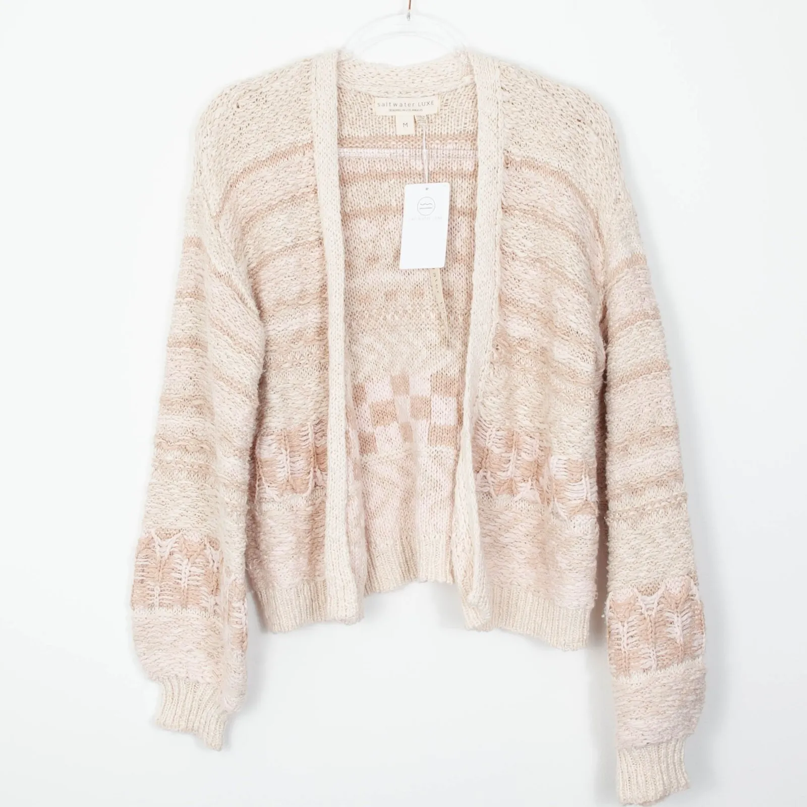 NWT Saltwater Luxe Womens 3D Knit Balloon Sleeve Cardigan Sweater Size M Neutral - Image 2