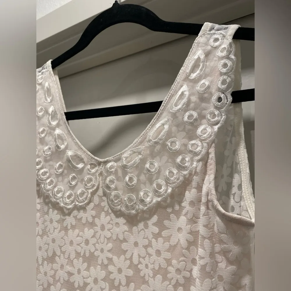 Ivory White Collared Boho Floral Daisy Mesh Collared Mini Dress - S - Image 16