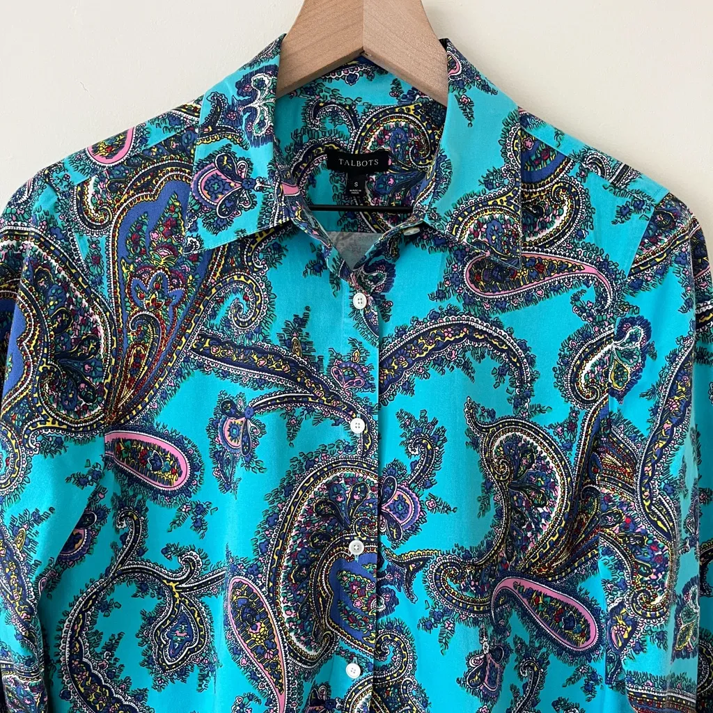 TALBOTS Blue Paisley Button Down Collared Cotton Shirt Womens Small - Image 2