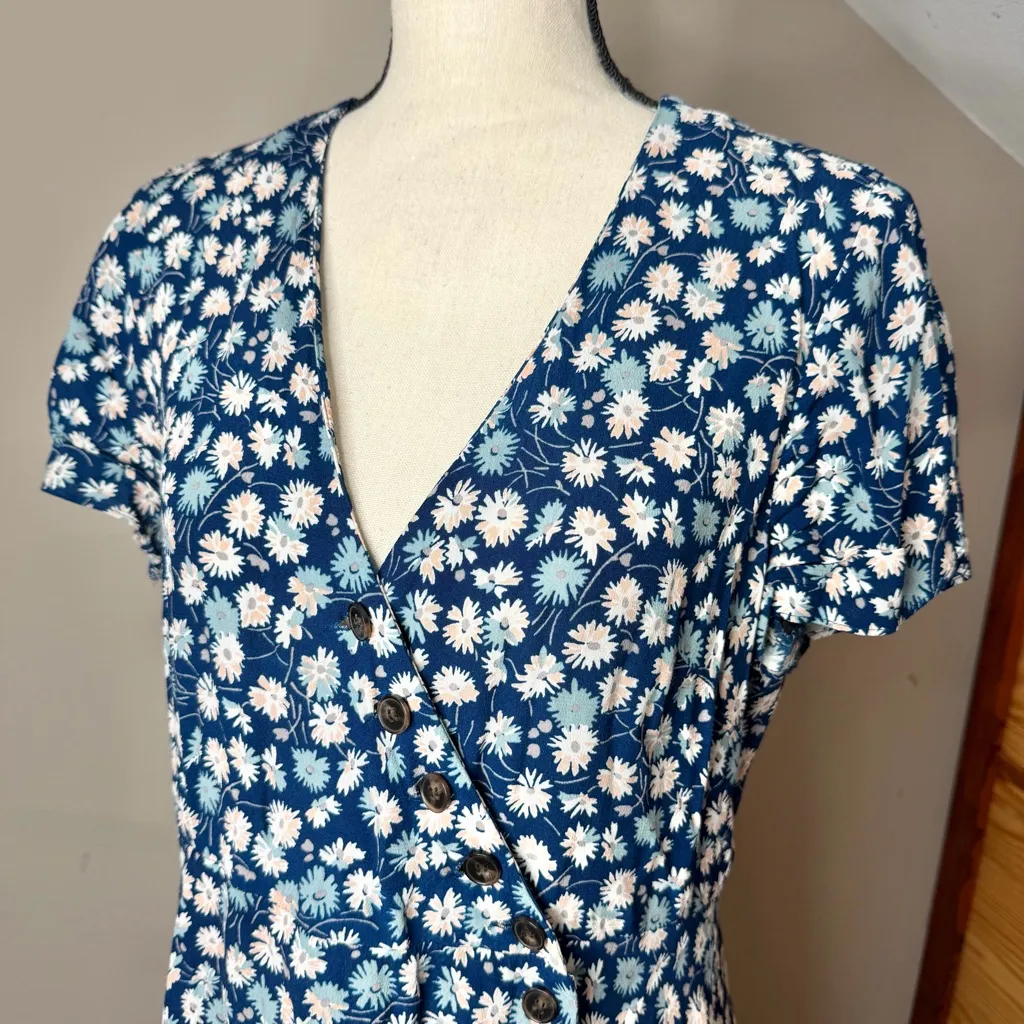 Madewell Button Wrap V-Neck Mini Dress in French Floral Blue Multicolor 8 L1916 - Image 4