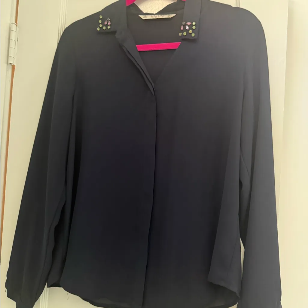 Zara Navy Women's Blouse with Embellished Collar - Image 5