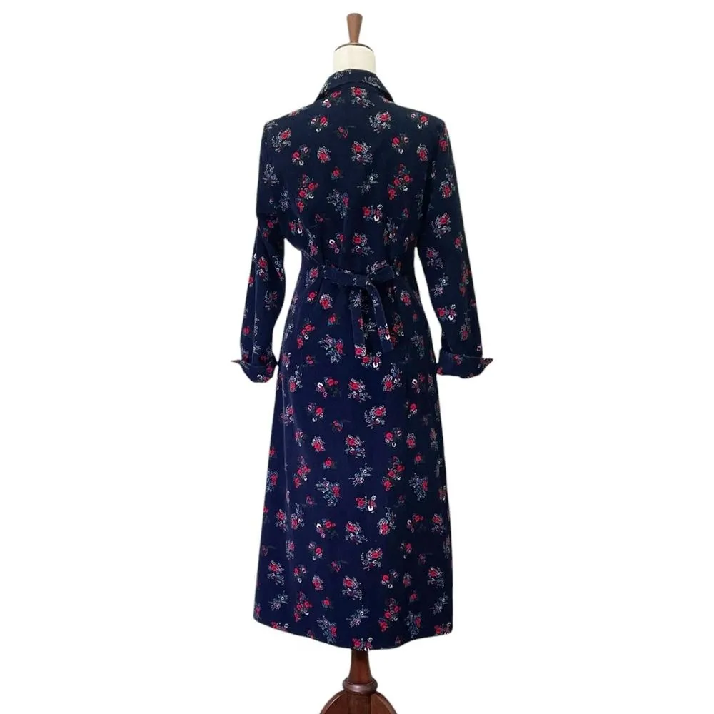 Vermont Country Store Pintuck Cotton Corduroy Dress Navy Blue Floral Size Medium - Image 3