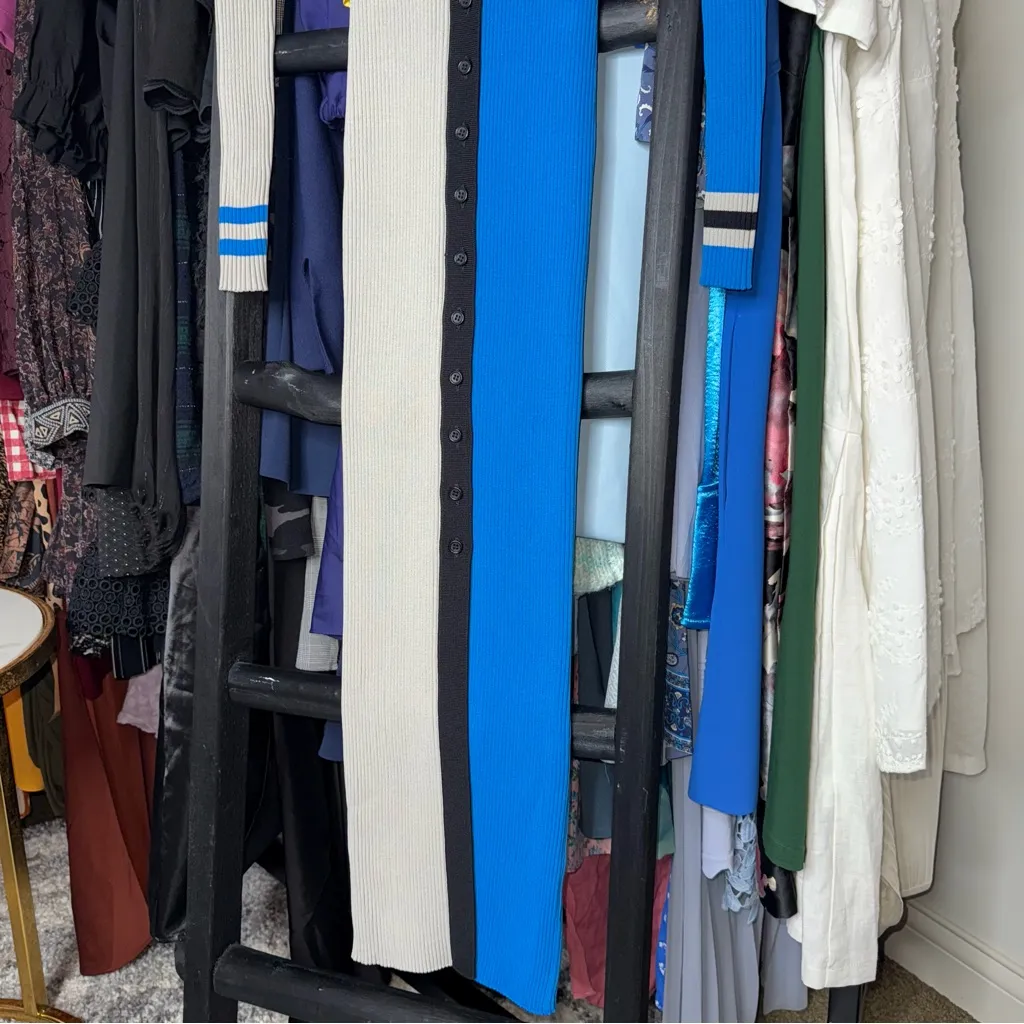 STAUD x Carolina Panthers Shoko Knit Sweater Dress Cardigan Blue Silver Size XS - Image 8