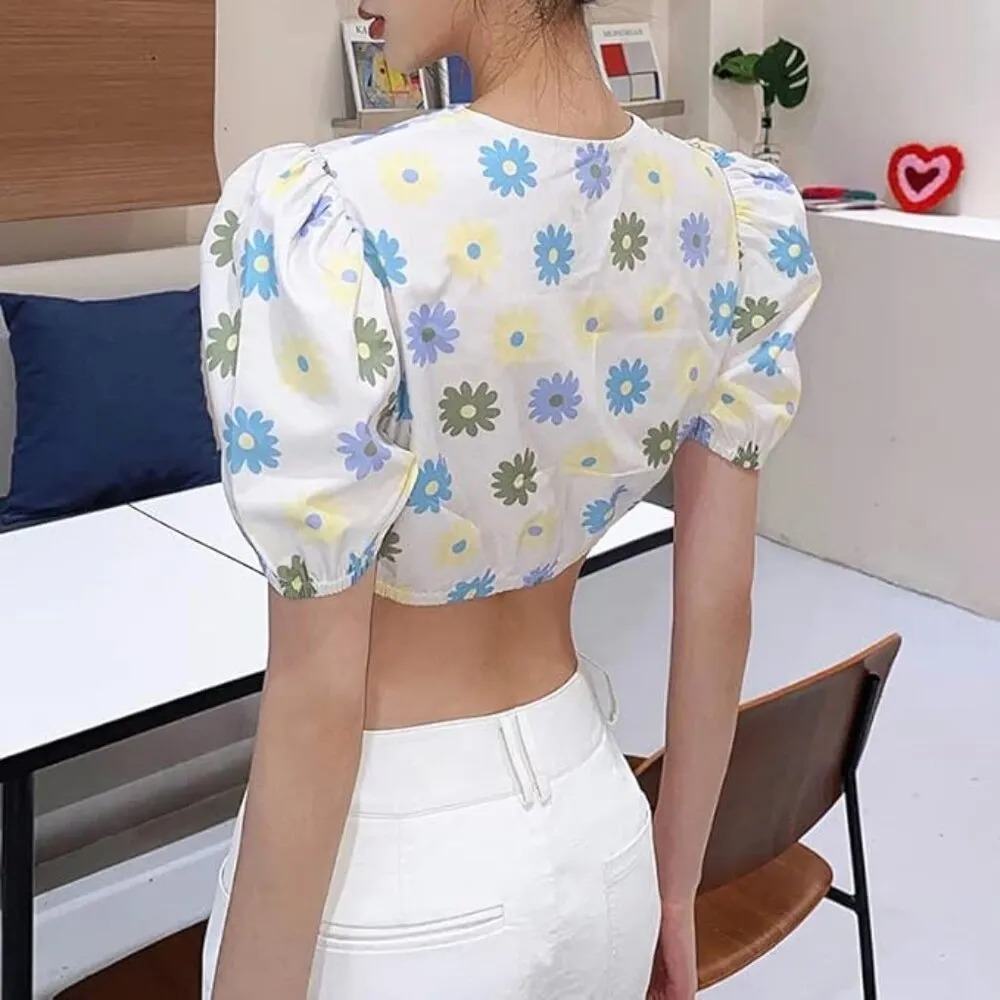 J.ING Jing Floral Print Short Puff Sleeve Overlay Crop Top Size XS NWT Yellow - Image 9