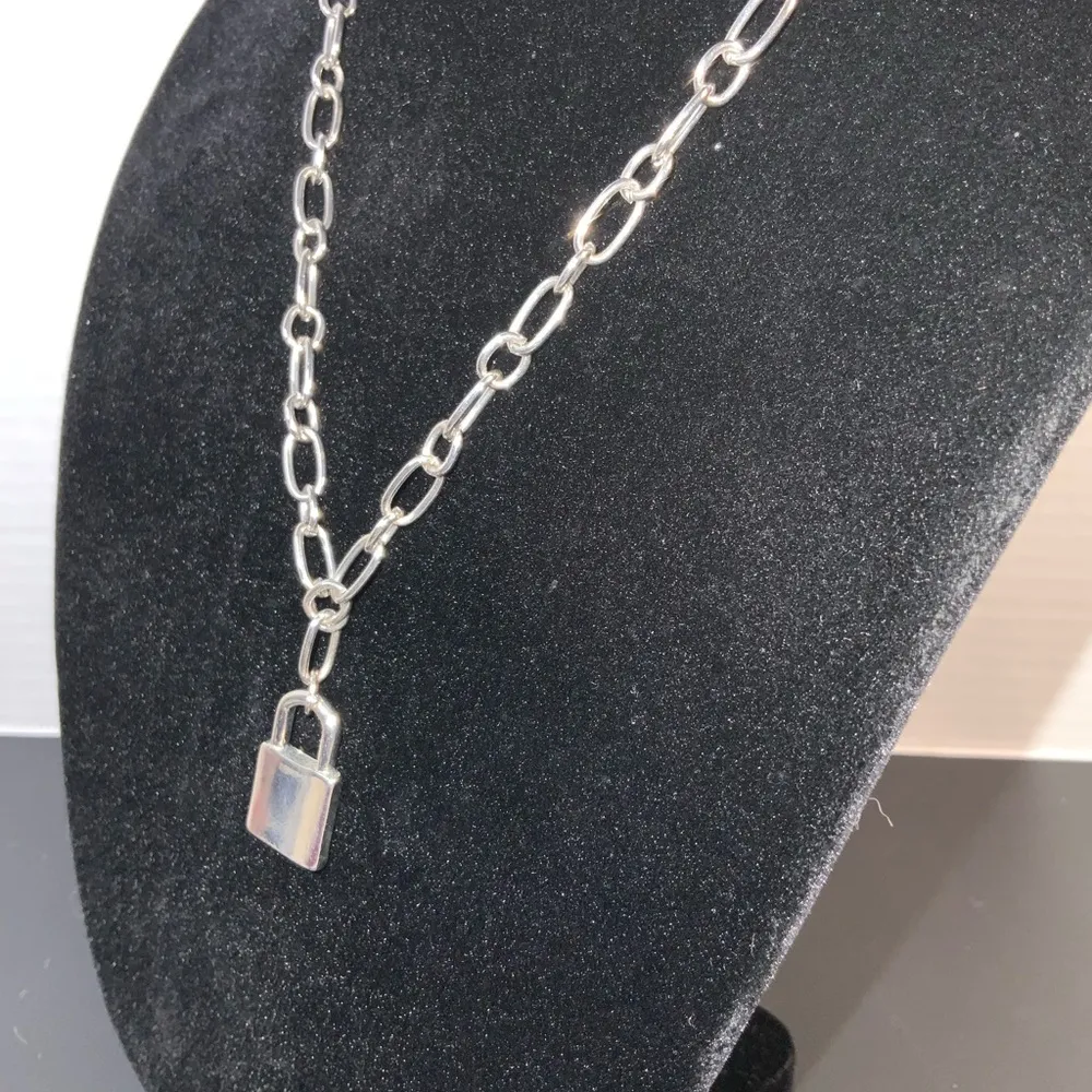 Padlock Silverstone cable Chain Necklace 22” With Extension Punk Gothic Silver - Image 2