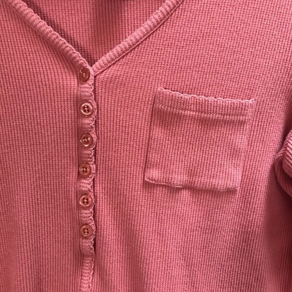 Sundance Waffle Knit Thermal Pocket Henley Long Sleeve Top Large Coral Cotton - Image 5