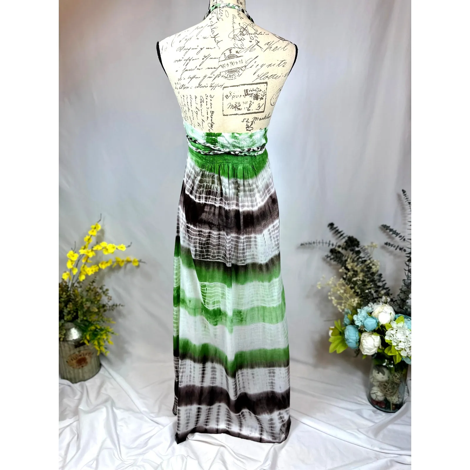 Chaudhry Rope Halter Open Back Tie Dye Maxi Dress Green Brown M Size M - Image 6