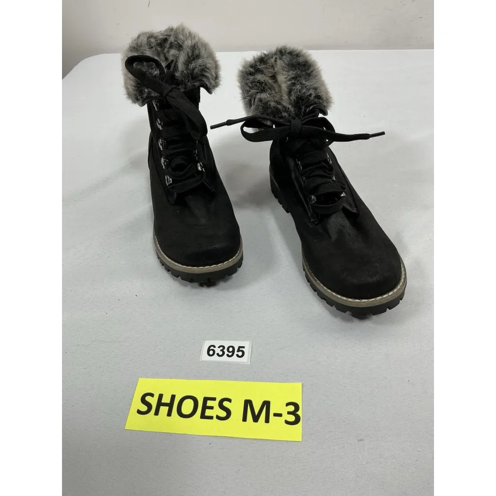 Womans Cliffs Laceup Pullon Ankle Boots 7 M Black Chunky Heel,fur Cuff Round Toe - Image 3