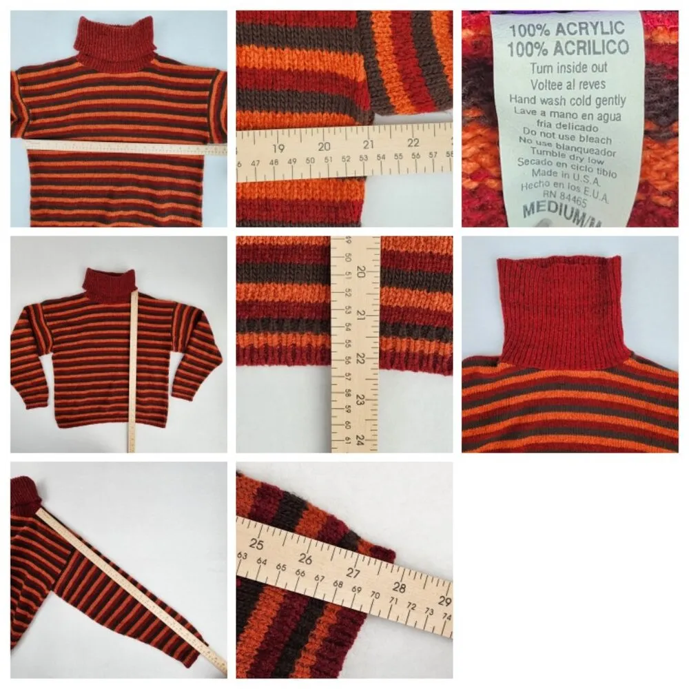 Vintage Sweater Exchange Turtleneck Sweater Size M Brown Orange Red Stripes Size M - Image 5