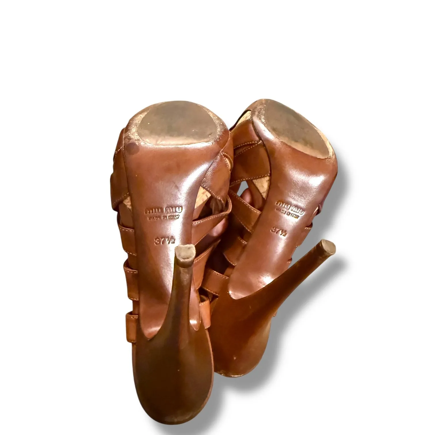 Miu Miu Strappy Heels Women's Size 37.5 Brown Leather Platform High Heel Dressy - Image 15